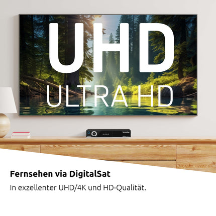 TechniSat DIGIPLUS UHD S2-4K satelliitvastuvõtja tähtnumbrilise ekraani ja kahe tuuneriga (DVB-S/DVB-S2, HEVC, H.265, PVR salvestusfunktsioon, WLAN, LAN, CI+, USB, OLED) must