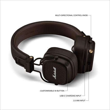Marshall Major V Bluetooth kõrvaklapid, 100 tundi mänguaega – pruunid