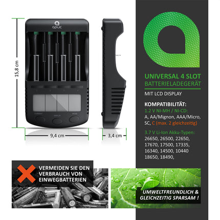 CSL - Power Battery Charger - universaalne akude laadimisjaam AA AAA 18650 akude jaoks - intelligentne akulaadija - valgustatud LCD-ekraan, automaatne tule väljalülitus - kaasas 1x USB laadimisport
