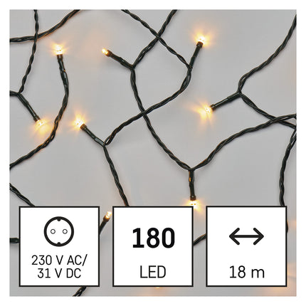 EMOS LED-valguskett merevaigukollane sise- ja välistingimustes kasutamiseks, 18 m pikkune IP44 jõuluvalguskett 180 LED-iga + 5 m kaabel ja toiteplokk, 6-tunnine taimerifunktsioon, peoks, jõuludeks, kaunistuseks
