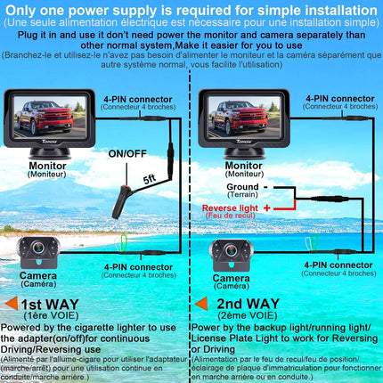 Tahavaatekaamera Lihtne seadistamine Plug-Play: Värviline Selge Pilt Öine Nägemine DIY Juhendid HD 1080P Viivituseta Auto Tahavaatekaamera 4,3" LCD-ekraaniga IP69 Veekindel Veokile/Maasturile Tomoia T1