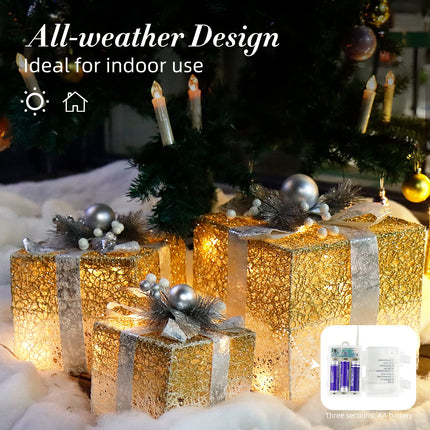 CCLIFE Set of 3 LED gift boxes Christmas Christmas box Illuminated fairy lights battery-operated Christmas decoration
