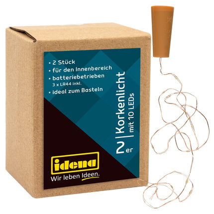 Idena 31091 - LED-mikropudelivalgusti 10 sooja valge LED-iga, komplekt 2 korgiga pudelivalgusketti, patareidega, umbes 0,97 m pikk, sise-, peo-, jõulu- ja pulmakaunistuseks