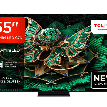 TCL 55C7K 55-tolline QD-Mini LED-teler, 4K HDR Premium 2600, nutikas Google TV 144Hz Motion Clarity Pro tehnoloogiaga (Dolby Vision IQ ja Atmos, CrystGlow HVA paneel, Bang &amp; Olufseni heli, Game Master)