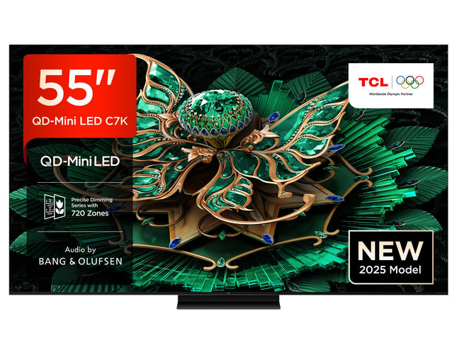 TCL 55C7K 55-tolline QD-Mini LED-teler, 4K HDR Premium 2600, nutikas Google TV 144Hz Motion Clarity Pro tehnoloogiaga (Dolby Vision IQ ja Atmos, CrystGlow HVA paneel, Bang &amp; Olufseni heli, Game Master)