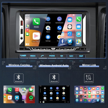 Kahe DIN-pesaga autoraadio, juhtmevaba CarPlay ja Android Auto tugi - 7-tolline puutetundliku ekraaniga autoraadio Bluetoothi/peegliühenduse/FM-raadio vastuvõtja/tagurduskaamera/SWC/USB/AUX-sisendiga, MP5-mängija, 2 DIN-pesaga