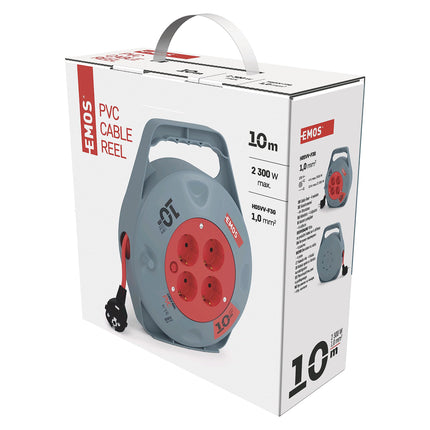 EMOS - Mini kaablirull 10m - 4 Schuko pistikupesa - 230 V, 10 A, 2300 W - kvaliteetne PVC isolatsioon - H05VV-F3G 1.0 mm² - termolülitiga - IP20 sisekasutuseks
