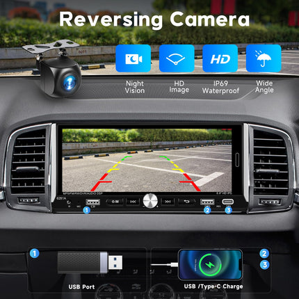1-DIN autostereo juhtmevaba CarPlayga, Android Auto, Podofo Android raadio, 6,9-tolline puutetundliku ekraaniga automängija, mis toetab Bluetoothi/EQ/Mirror Linki, USB-A ja USB-C sisendit