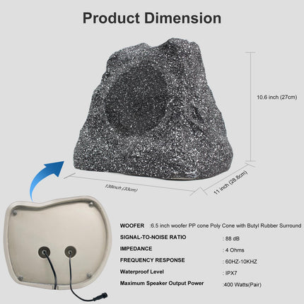 6.5" Outdoor Bluetooth Speakers Waterproof Powerful 400W Rock Speakers Deep Bass All Weather Durable for Outdoor Party Backyard Garden Deck Patio Porch Pool (1 Pair)