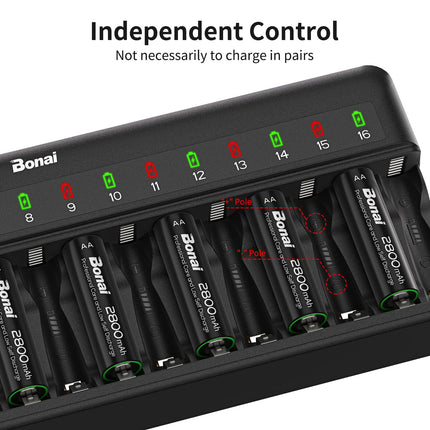 BONAI AA AAA akulaadija 16 pesaga universaalne LED-akulaadija nutikas akulaadija AA/AAA NI-MH NI-CD laetavatele akudele, must