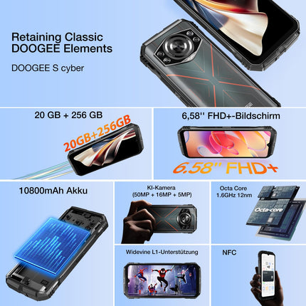 DOOGEE S Cyber ​​Android 14 Outdoor Mobile Phone 10800mAh, 20GB(8+12)+256GB Outdoor Smartphone without Contract 6.6'' FHD+ Octa-Core 50MP+16MP Waterproof Construction Site Mobile Phone, 4G Dual SIM/IP68/OTG/NFC/GPS 2024