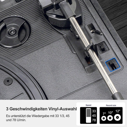 9-ühes plaadimängija Bluetoothi, CD, kasseti, AM/FM-raadio, USB SD MMC taasesituse ja kaugjuhtimispuldiga – 3-kiirusega plaadimängija, kõrvaklapipesa ja Aux In RCA Line Out.