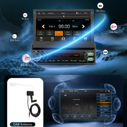 Podofo DAB+ 1 DIN Bluetooth-autoraadio CarPlay ja Android Auto juhtmevaba süsteemiga, mootoriga hüpikaknaga, 7-tollise puutetundliku ekraaniga, Mirror Link FM-iga, USB Type-C-pordiga, AUX-mikrofoniga, tahavaatekaameraga