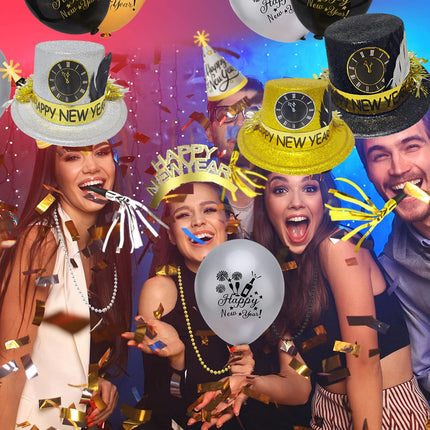 Bdecoll Glitter New Year's Eve Decoration 2025 Set, Happy New Year Glasses, 8pcs Black and Gold Party Hats New Year's Eve Decoration New Year's Eve Party Accessory for Christmas New Year Party Decoration
