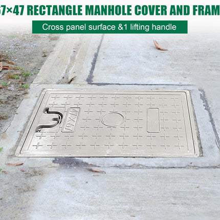 NATOTELA Manhole Cover and Frame, Fiberglass, 670 x 470 mm, Square Lid for Septic Tank, Access Control Cover, Non-Slip, Solid Reinforced Steel, Embedded Manhole Cover with Handle