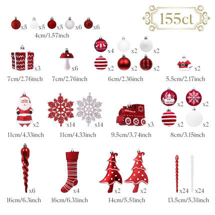 Valery Madelyn Christmas Tree Ornament Kit, 155 ct Red and White Shatterproof Christmas Tree Decorations Bulk, Traditional Hanging Ball Ornaments for Christmas Trees, Holiday Party Decoration