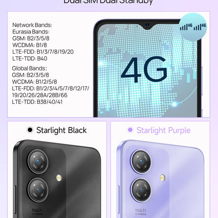 Ulefone Note 21 nutitelefon, 8GB+128GB/SD-1TB Android 14 mobiiltelefon, 90Hz 6.65" HD+ Octa Core kahe SIM-kaardiga 4G telefon Unisoc T606, 5000mAh mobiiltelefon, 13MP+8MP kaamera/GPS/OTG/Face ID/Sõrmejäljelugeja lilla