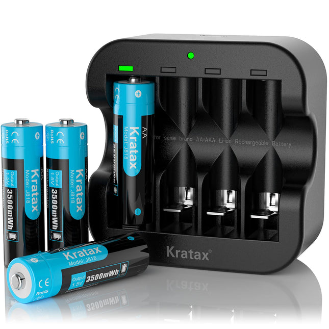 Kratax Rechargeable Lithium AA Battery for Security Camera, Xbox Controller, Wireless Mouse, 3500mWh High Capacity with 1600 Cycles, 4 Pieces 1.5V AA Lithium Batteries and Black Charger