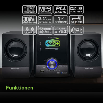 Muse stereo system, compact system with CD player &amp; DAB radio, mini stereo system with 2 speakers, music system with FM/DAB/DAB+ digital radio, Bluetooth &amp; AUX, MP3 &amp; Spotify, compact music system