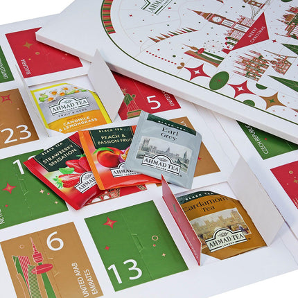 Ahmadi tee advendikalender 2025 - teekalender 24 erineva teesordiga - must tee, roheline tee, puuviljatee ja taimetee - 24 eraldi pakendatud aroomikindlat teekotti