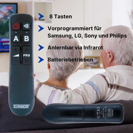 SCHWAIGER universal remote control 8 buttons senior remote control TV remote control children replacement remote control LG Samsung Sony Philips Panasonic IR pre-programmed learnable battery operated