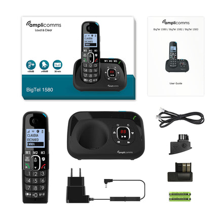 Amplicomms BigTel 1502 Duo juhtmeta DECT suurte nuppudega telefon, kaks telefonitoru, helivõimendus, eriti valjud helinad, kuuldeaparaatidega ühilduv, must