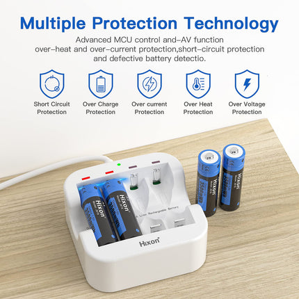 Hixon AA Rechargeable Lithium Batteries 1.5V 3500 mWh for Xbox Controller Toy Remote Control, Set of 4 Batteries and Fast Charger