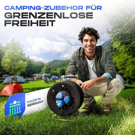 IntuiFlex Camping Cable Reel Set - CEE Cable 25m + 1.5m Connection Cable + CEE Adapter - Camping Cable H07RN-F 3G 2.5mm² for Caravan Motorhome Accessories IP44 Outdoor