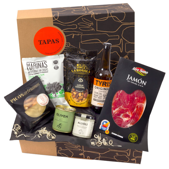jamon.de TAPAS kinkekorv | Täidetud kinkekorv käsitööõlle, Serrano singi ja maitsvate Hispaania hõrgutistega | Sünnipäevakingitus ja tänusõnad meestele ja naistele