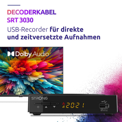 STRONG - Digitaalne HD kaabelvastuvõtja SRT 3030 - TV vastuvõtja kaabeltelevisioonile - Dolby Audio - DVB-C HDMI, SCART ja USB ühendustega - Energiasäästufunktsioon - Kasutajasõbralik menüü - Must