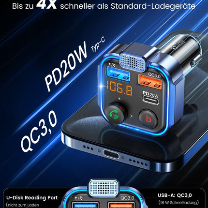 LENCENT 38W FM-saatja auto Bluetooth V5.3, raadio, sügav bass, kiire autolaadija, sigaretisüütaja, auto Bluetooth-adapter, vabakäesüsteem, mürasummutusmikrofon, lüliti