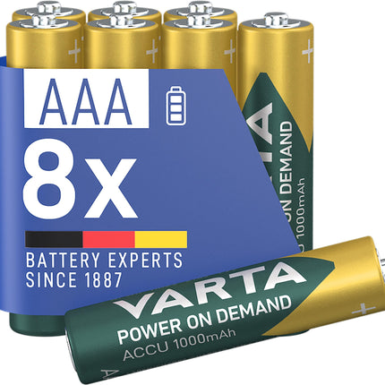 VARTA AAA laetavad akud, 8 tk, laetav aku, nõudmisel käivituv, 1000 mAh Ni-MH, eellaetud, kasutusvalmis [Ainult Amazonis]