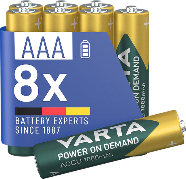 VARTA AAA laetavad akud, 8 tk, laetav aku, nõudmisel käivituv, 1000 mAh Ni-MH, eellaetud, kasutusvalmis [Ainult Amazonis]