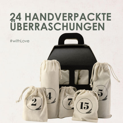 Jean &amp; Len Advent Calendar 2023, 24 hand-wrapped surprises in reusable cotton bags, with 3 cooperation partners, also suitable as a gift, Christmas calendar