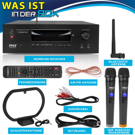 Pyle Amplifier, AV Receiver, HiFi Amplifier, Bluetooth Amplifier, Stereo Amplifier - 1000W 5.2 Channels with 2 UHF Wireless Microphones, Amplifier, MP3/USB/HDMI/AM/FM Radio, for Home Theater &amp; Karaoke