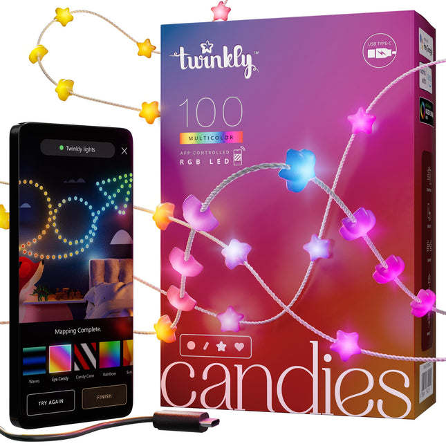 Twinkly Strings USB-C Star 100 LED, tähekujulised LED-kettvalgustid, RGB LED-tuled, mitmevärvilised, valentinipäeva tuled, ühildub Alexa ja Google Home'iga, USB-C, läbipaistev kaabel, 6m