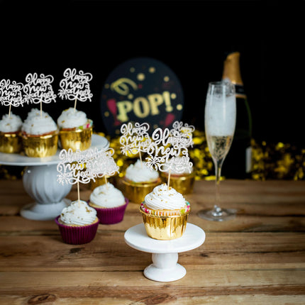 Gyufise 24 Pieces 2025 Happy New Years Cupcake Toppers Silver Glitter 2025 Happy New Year Party Decorations for Happy 2025 Cheers to 2025 Hello 2025 New Year's Eve Party Decorations Supplies