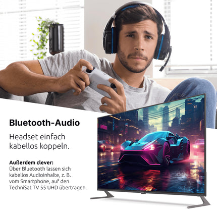 TechniSat TV 65 UHD - 65-tolline/164 cm 4K/UHD nutiteler (kolmekordne tuuner, WiFi, voogedastusrakendused, Bluetooth, USB-salvestus, ajanihkefunktsioon, 2 x 10 vatti) must