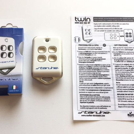 Universal remote control for duplicating original radio remote controls with 433 MHz up to FIXED CODE (not suitable for duplicating variable code/rolling code) Long range, up to 200 m (white