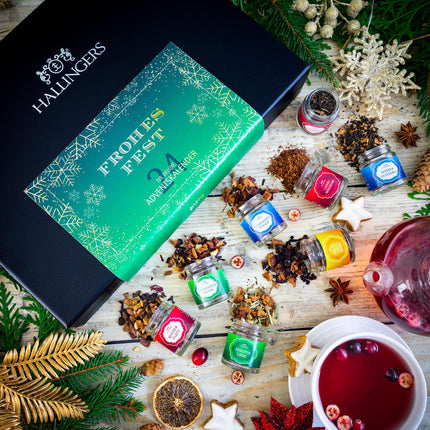 Hallingersi Happy Holidays - Rohelised/Kuldsed Tähed - Tee advendikalender, käsitsi valmistatud, vegan ja gluteenivaba keeratava korgiga purkides (komplekt) - emadepäeva- ja isadepäevakingitused | Paranemist Hanuka sõprusega