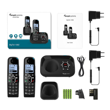Amplicomms BigTel 1582 Duo cordless DECT large button phone, answering machine, additional handset, audio boost, extra loud ringtones, hearing aid compatible