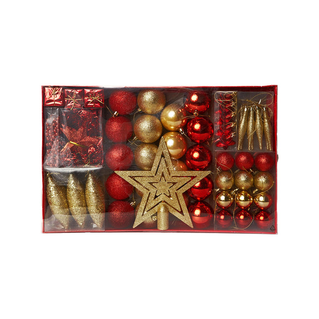 HEITMANN DECO Christmas tree decorations - gold/red - 60-piece set including tree topper, baubles, pearl necklace, garland, and stars - plastic, 47.5 x 29.7 x 6.5 cm