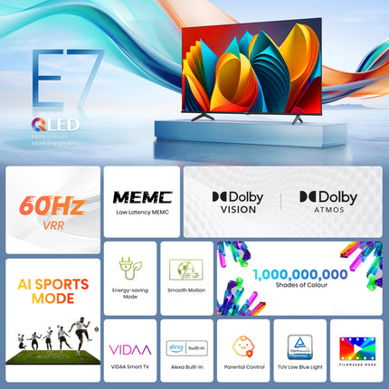 Hisense 65E7NQ 164 cm (65-tolline) televiisor, 4K UHD, QLED, HDR10, HDR10+ dekodeerimine, HLG, Dolby Vision Atmos, 60Hz paneel, sujuv liikumine, Bluetooth, sisseehitatud Alexa, VIDAA Voice, must [2024]