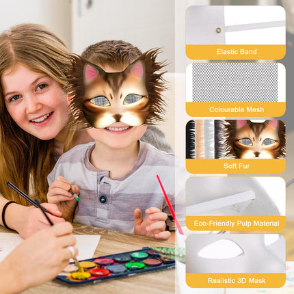 Starvortex 10 Piece Cat Mask, DIY Cat Mask Set with Acrylic Paints and Faux Fur, Therian Mask, Cat Masks to Paint, Cat Mask for Halloween, Masked Ball, Cosplay, Masks to Paint for Children