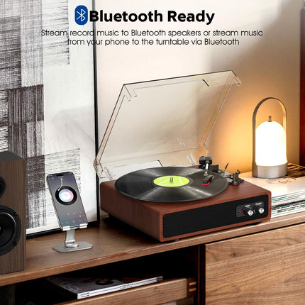Record Player, FYDEE Vinyl Record Player with Built-in Stereo Speakers, Bluetooth Record Player with Transmitter, 3 Speeds 33/45/78 RPM, Supports RCA and AUX, Walnut