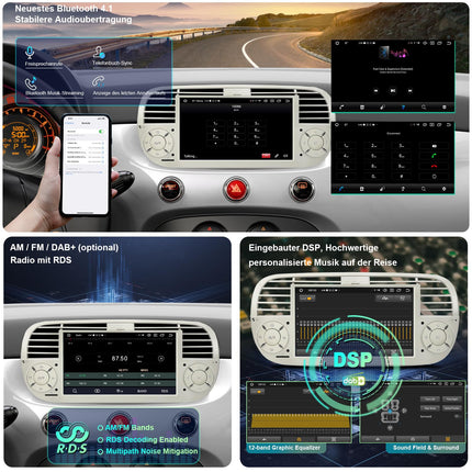 [Cream 4+64GB] Autoraadio FIAT 500 2007-2015 mudelile, 7-tolline puutetundlik ekraan, Android 14 raadio tugi, juhtmevaba Carplay/Android Auto, GPS navigatsioon, WiFi, 4G, Bluetooth, 5.0, FM RDS, DSP, SWC, DAB+, OBD, USB