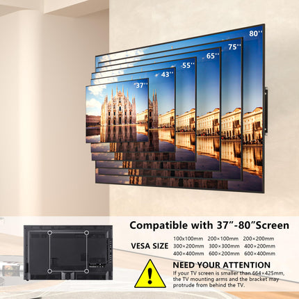 BONTEC TV seinakinnitus, pööratav ja kallutatav, 37-80-tollistele kumeratele LCD/LED-teleritele, täisliikumisega - kandevõime 65 kg - VESA 100x100-600x400