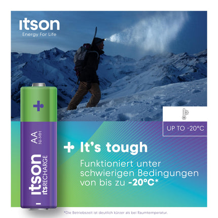 ITSON, AA rechargeable batteries, 8 pieces, capacity min. 2000 mAh, packaging 95% recycled, made in Japan, best for remote controls, flashlights, watches