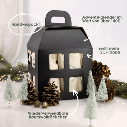 Jean &amp; Len Advent Calendar 2023, 24 hand-wrapped surprises in reusable cotton bags, with 3 cooperation partners, also suitable as a gift, Christmas calendar