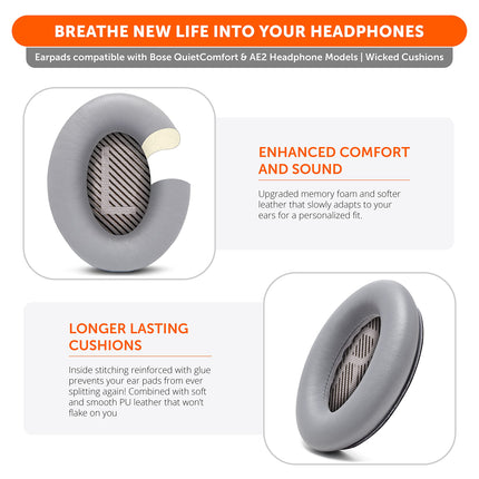 WC Wicked Cushions Replacement Ear Pads Compatible with Bose QuietComfort 35 (QC35) &amp; QuietComfort 35ii (QC35ii) Headphones &amp; More - Improved Comfort &amp; Durability | Silver
